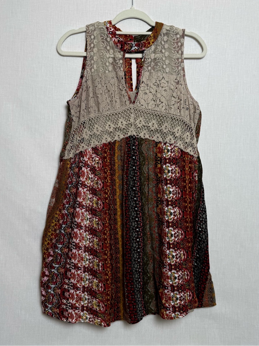 Take Two Womens Large Boho Tunic Top Crochet Lace Patchwork Sleeveless Festival